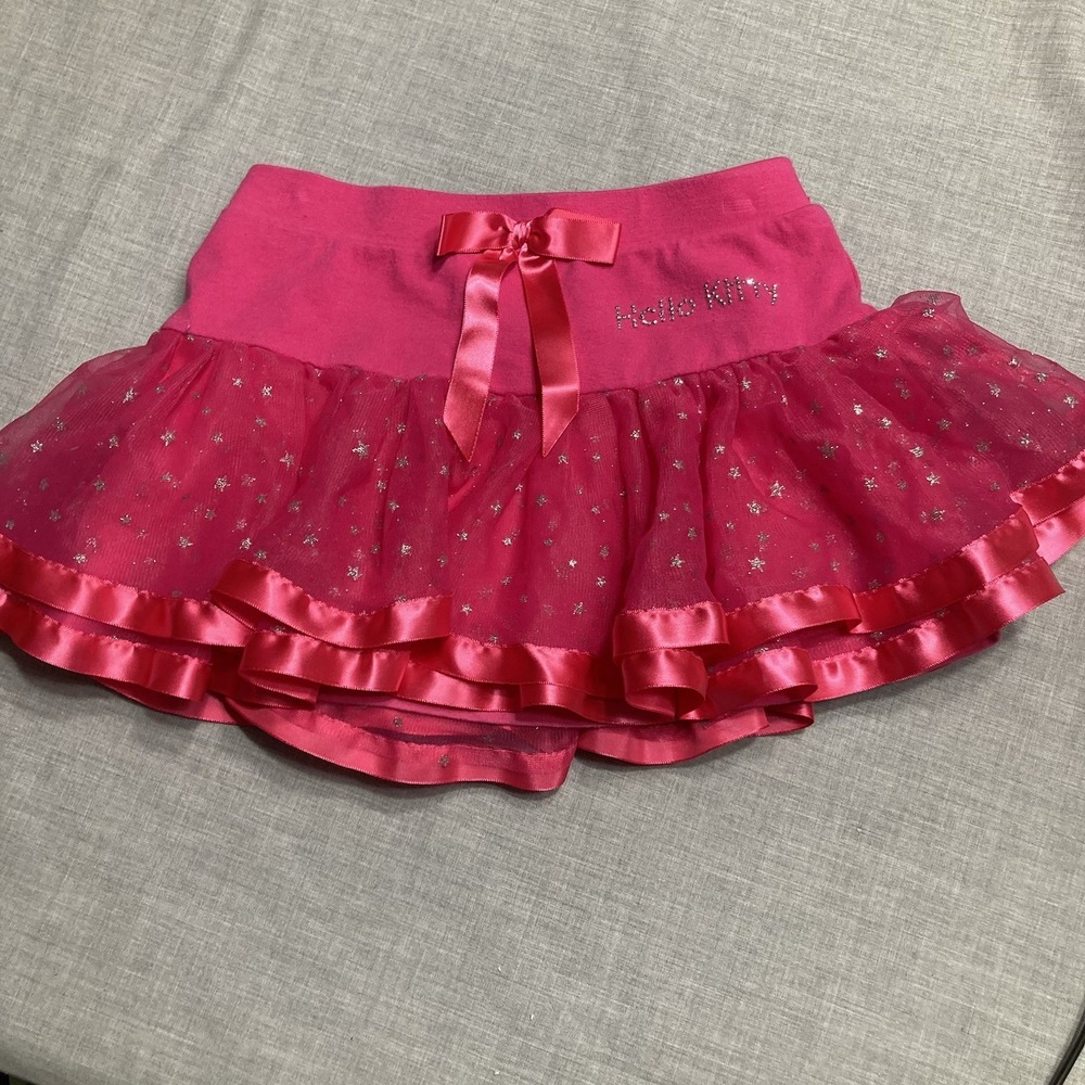 Vintage Y2K Pink Hello Kitty Ruffled Skirt Silver Stars Tulle Girls 5 Rhinestone
